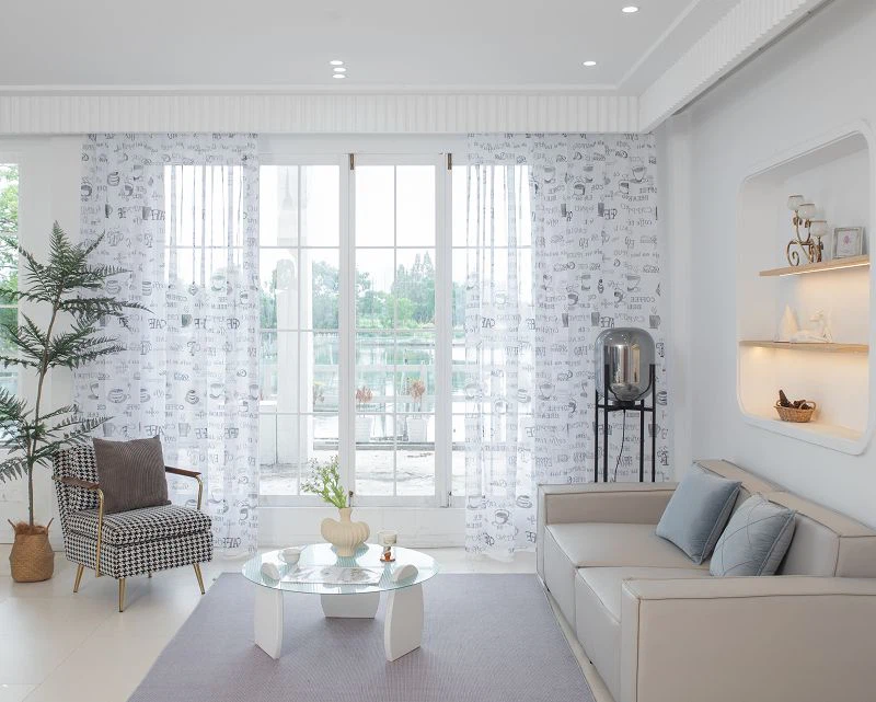 Sgrin doli fabricwindow gyda phrint cwpan coffi